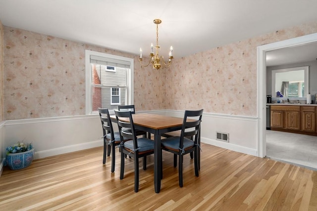 72 Lyall St, Boston, MA 02132 - dining room with light wood-style floors, a chandelier, wallpapered walls, and wainscoting
