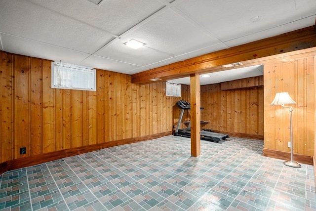 72 Lyall St, Boston, MA 02132 - basement with wood walls and brick patterned floors