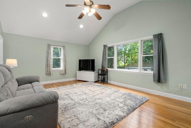 72 Lyall St, Boston, MA 02132 - living area featuring a ceiling fan, wood finished floors, high vaulted ceiling, and recessed lighting