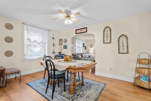 dining space with ceiling fan and hardwood / wood-style flooring