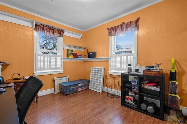 office with hardwood / wood-style floors and ornamental molding