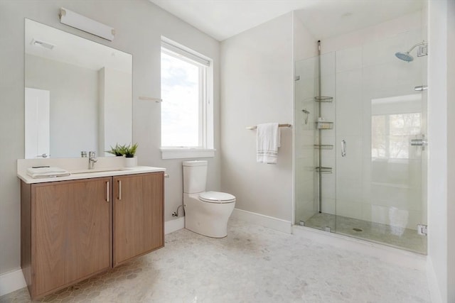 bathroom with visible vents, baseboards, toilet, vanity, and a shower stall