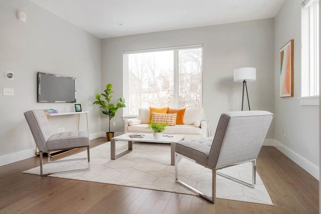 sitting room with light wood-style floors, plenty of natural light, and baseboards