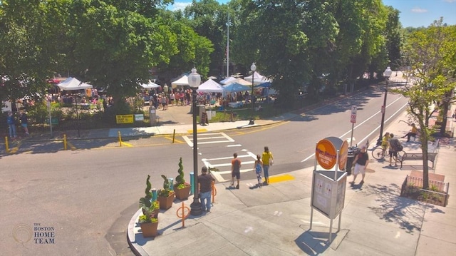 view of street with sidewalks, street lighting, and curbs