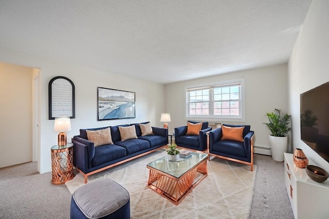 carpeted living room with a baseboard heating unit