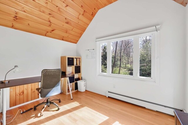 office featuring wood ceiling, a baseboard radiator, wood finished floors, and lofted ceiling