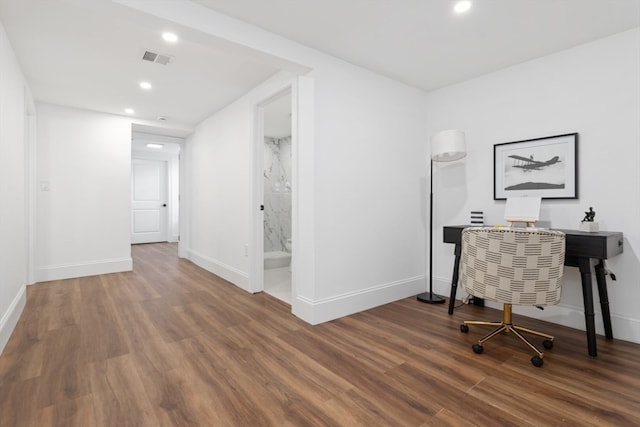 office area featuring dark wood-type flooring