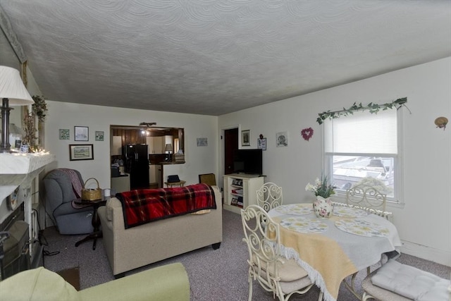 carpeted dining area with a textured ceiling