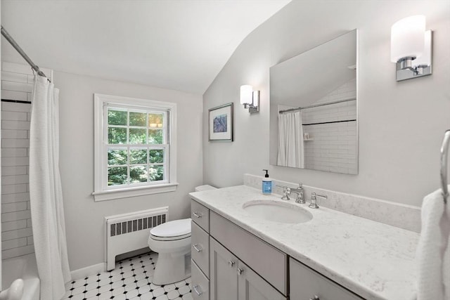 11 Laurel Dr, Scituate, MA 02066 - bathroom featuring radiator heating unit, vaulted ceiling, vanity, and shower / bath combo