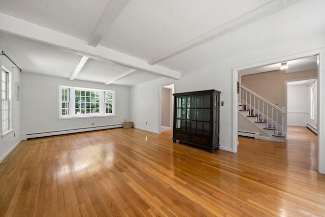 11 Laurel Dr, Scituate, MA 02066 - unfurnished living room with baseboard heating, a baseboard heating unit, hardwood / wood-style floors, stairway, and beamed ceiling