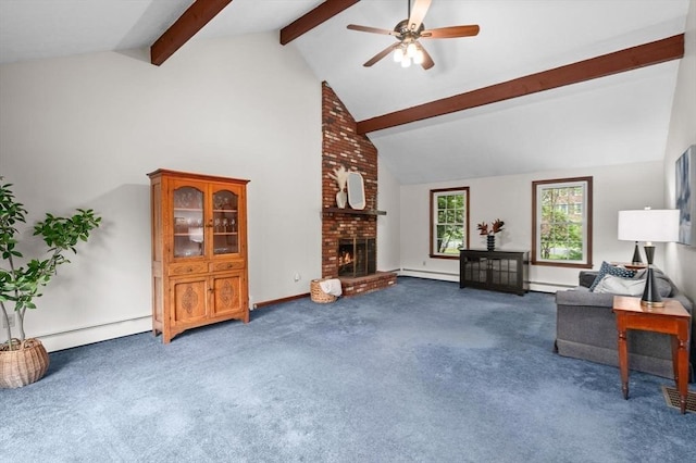 carpeted living room featuring ceiling fan, beam ceiling, baseboard heating, a brick fireplace, and high vaulted ceiling