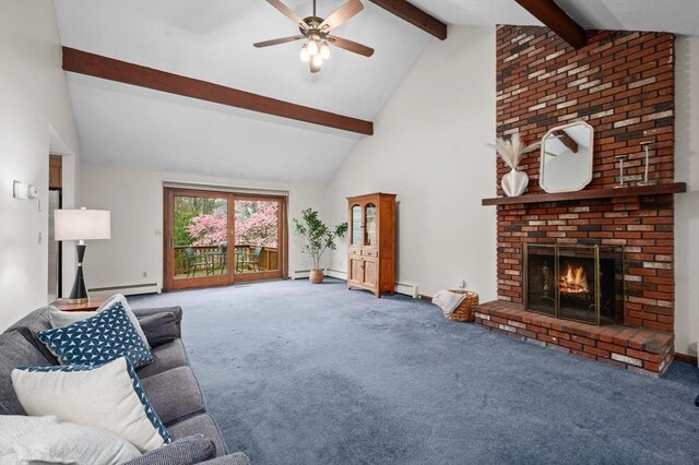 carpeted living area featuring beam ceiling, a baseboard radiator, a fireplace, high vaulted ceiling, and a ceiling fan