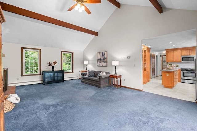 living room featuring ceiling fan, baseboards, baseboard heating, light carpet, and recessed lighting