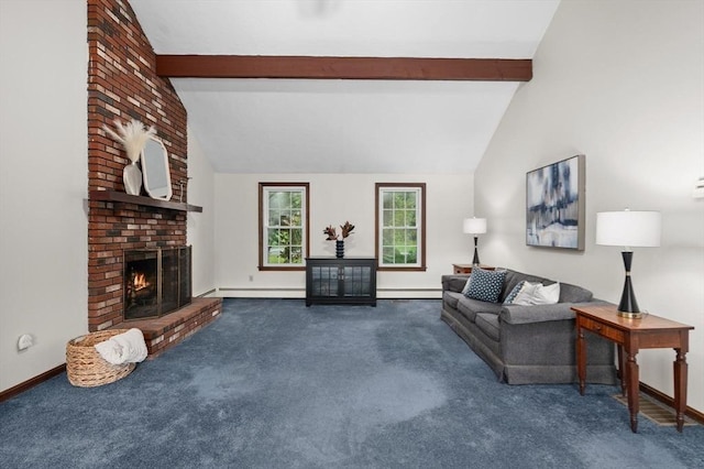 living area featuring baseboard heating, carpet, and a brick fireplace