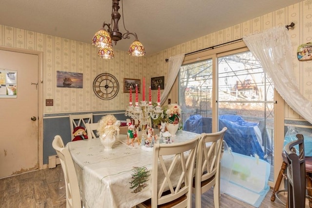 dining area featuring a notable chandelier, wood-type flooring, and a baseboard radiator