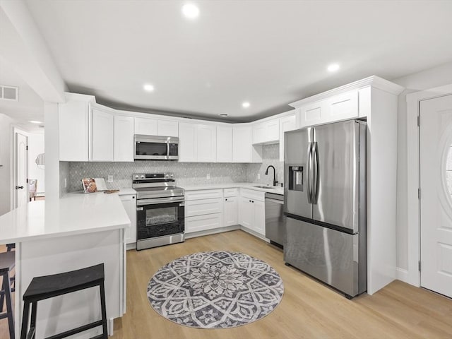 kitchen featuring kitchen peninsula, decorative backsplash, white cabinets, and appliances with stainless steel finishes