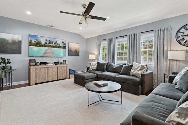 48 W Park Dr, Wakefield, MA 01880 - living area with ceiling fan, recessed lighting, baseboards, and lofted ceiling