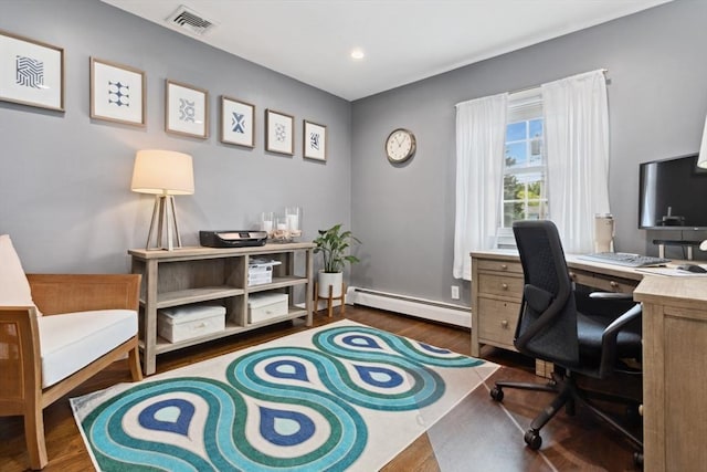 48 W Park Dr, Wakefield, MA 01880 - home office featuring a baseboard heating unit, dark wood finished floors, and recessed lighting