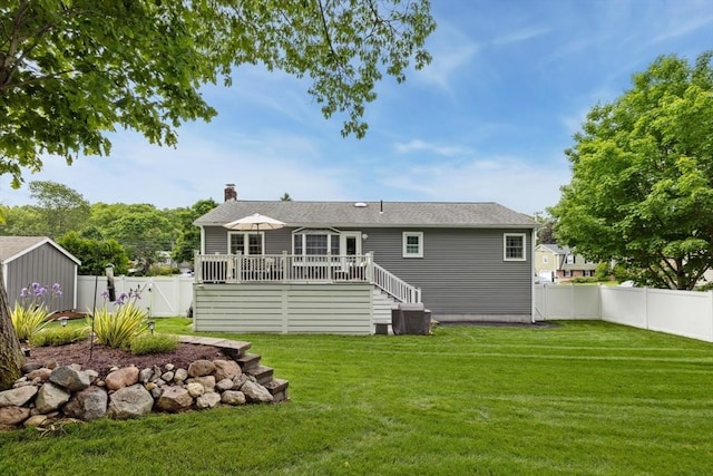 48 W Park Dr, Wakefield, MA 01880 - back of property featuring a deck, stairway, and a chimney