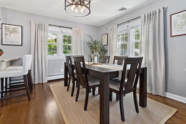 48 W Park Dr, Wakefield, MA 01880 - dining area featuring a baseboard radiator, a chandelier, dark wood-style flooring, and baseboards