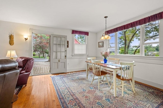 dining space featuring wood finished floors and baseboards