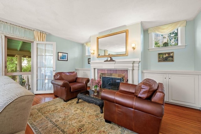 living area featuring wood finished floors and a fireplace