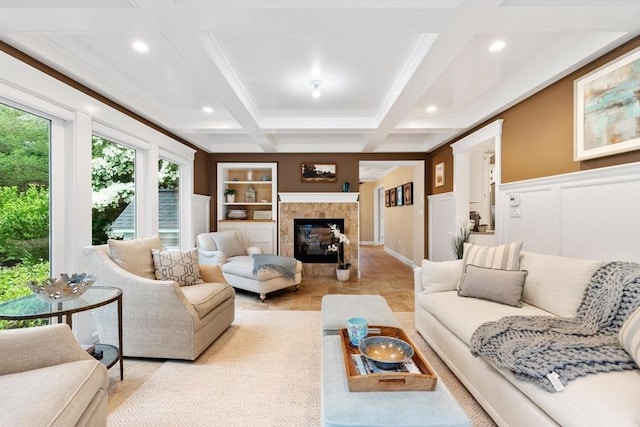 1 Preston Cir, Andover, MA 01810 - living room with coffered ceiling, recessed lighting, beam ceiling, and a tiled fireplace