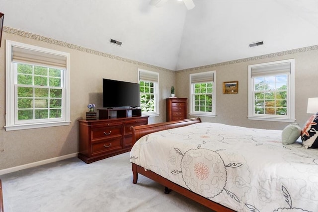 1 Preston Cir, Andover, MA 01810 - bedroom featuring multiple windows, light colored carpet, high vaulted ceiling, and a ceiling fan