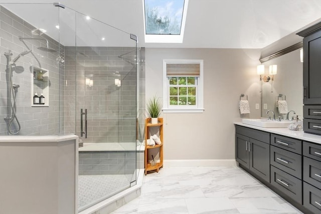 1 Preston Cir, Andover, MA 01810 - bathroom with double vanity, a skylight, a shower stall, and marble finish floors