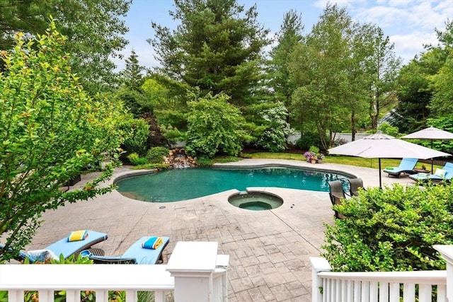 1 Preston Cir, Andover, MA 01810 - view of swimming pool featuring a patio area, view of scattered trees, and a pool with connected hot tub