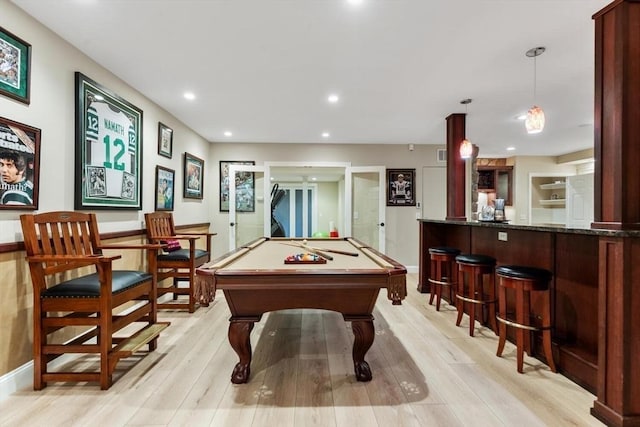 1 Preston Cir, Andover, MA 01810 - recreation room featuring pool table, light wood finished floors, a bar, and recessed lighting
