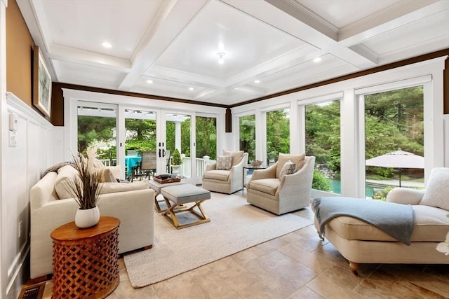 1 Preston Cir, Andover, MA 01810 - sunroom / solarium with french doors, coffered ceiling, plenty of natural light, and beamed ceiling