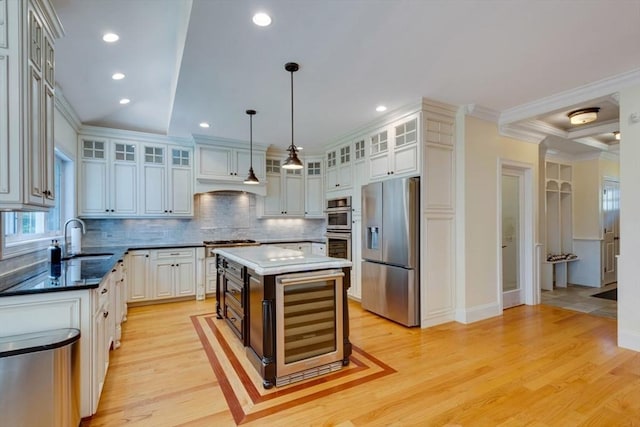 10 Damon Rd, Needham, MA 02494 - kitchen featuring stainless steel refrigerator with ice dispenser, a sink, wine cooler, crown molding, and light wood-style flooring