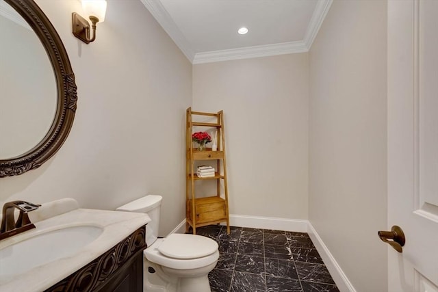 10 Damon Rd, Needham, MA 02494 - bathroom with marble look tile flooring, toilet, recessed lighting, ornamental molding, and baseboards