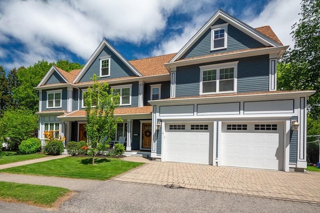 10 Damon Rd, Needham, MA 02494 - view of front of property with driveway, a garage, a front yard, a shingled roof, and covered porch