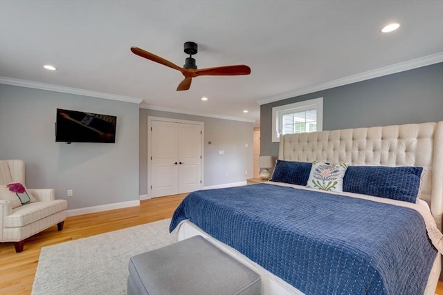10 Damon Rd, Needham, MA 02494 - bedroom with ornamental molding, light wood-style floors, recessed lighting, baseboards, and ceiling fan