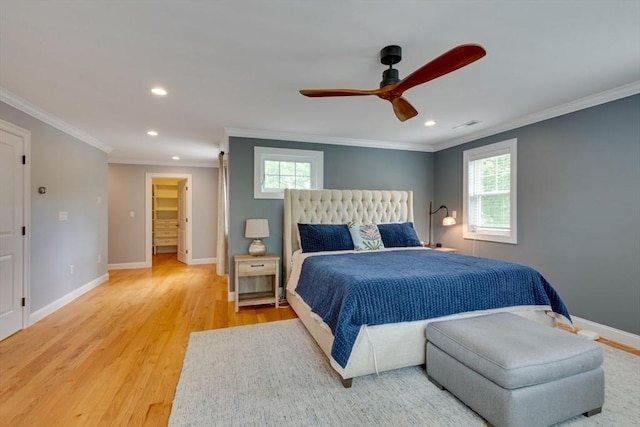 10 Damon Rd, Needham, MA 02494 - bedroom with multiple windows, recessed lighting, light wood-type flooring, crown molding, and baseboards