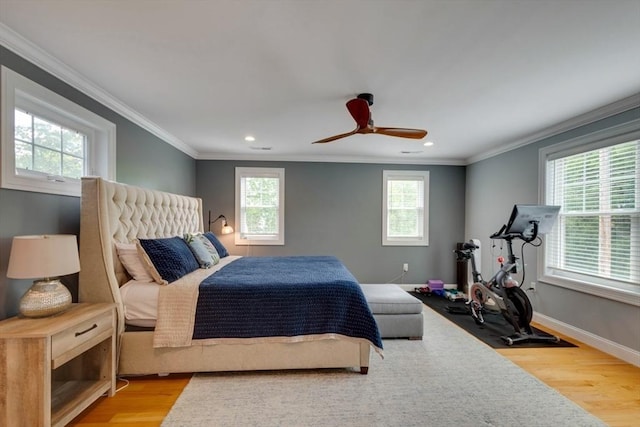 10 Damon Rd, Needham, MA 02494 - bedroom featuring multiple windows, light wood finished floors, recessed lighting, ornamental molding, and a ceiling fan