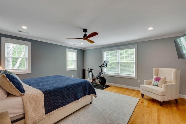 10 Damon Rd, Needham, MA 02494 - bedroom with light wood-style floors, baseboards, recessed lighting, a ceiling fan, and ornamental molding