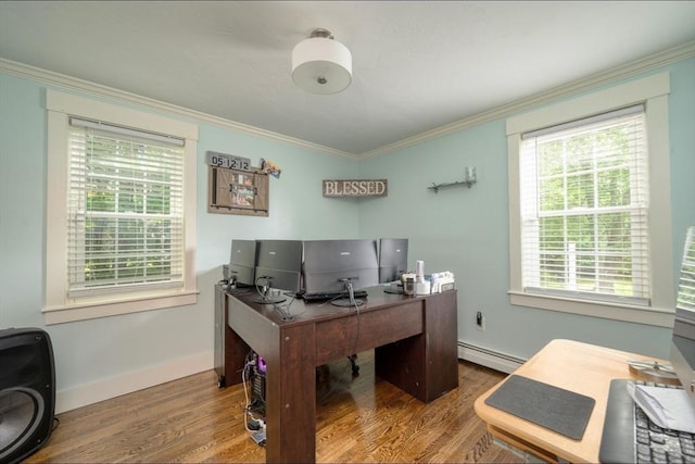 67 Raymond Rd, Plymouth, MA 02360 - home office with wood finished floors, a baseboard radiator, and ornamental molding