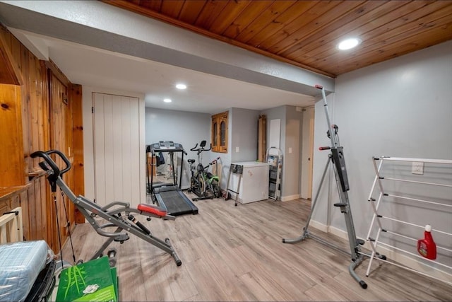 67 Raymond Rd, Plymouth, MA 02360 - workout area with recessed lighting, light wood-type flooring, and wood ceiling