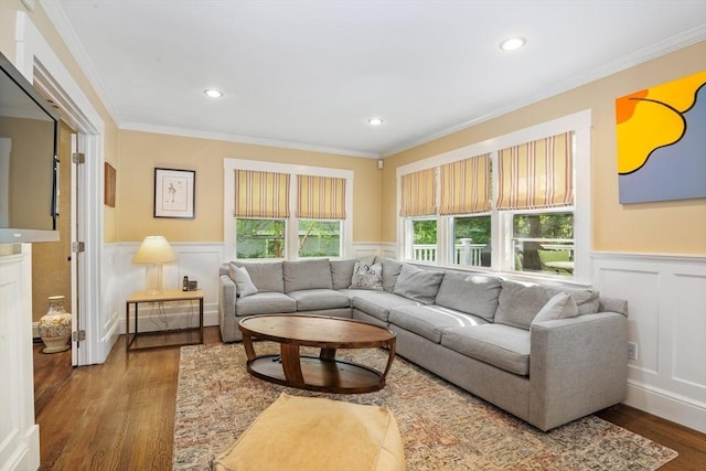 19 Whittier Rd, Wellesley, MA 02481 - living room with wood finished floors, wainscoting, a decorative wall, ornamental molding, and recessed lighting