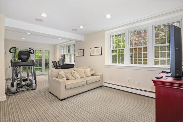 19 Whittier Rd, Wellesley, MA 02481 - carpeted living area with baseboard heating, recessed lighting, baseboards, and french doors