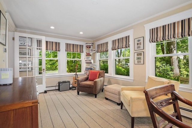 19 Whittier Rd, Wellesley, MA 02481 - living area with ornamental molding, wood finished floors, a baseboard radiator, and recessed lighting