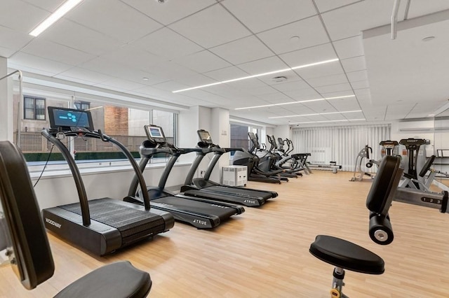 workout area with wood finished floors and a paneled ceiling