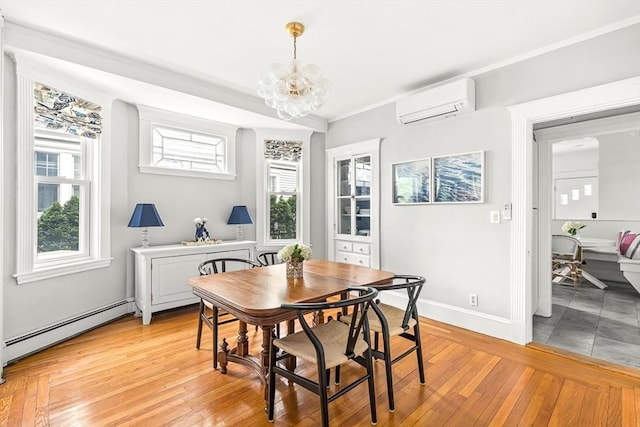 115 Westbourne Ter Unit 1, Brookline, MA 02446 - dining room with a wall mounted AC, a baseboard radiator, a chandelier, light wood-style floors, and crown molding