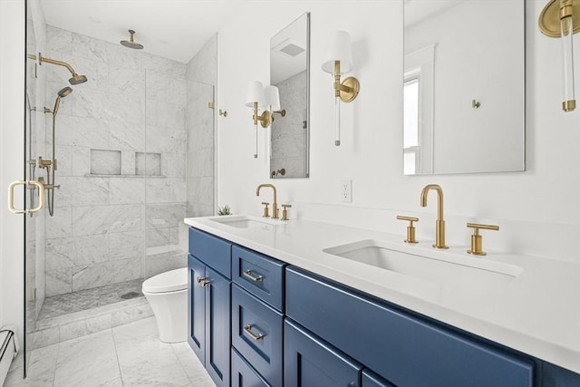 115 Westbourne Ter Unit 1, Brookline, MA 02446 - bathroom featuring a stall shower, marble finish flooring, double vanity, and a baseboard radiator
