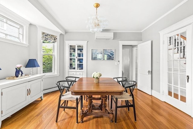 115 Westbourne Ter Unit 1, Brookline, MA 02446 - dining area featuring a wall unit AC, light wood-style flooring, a chandelier, baseboard heating, and ornamental molding
