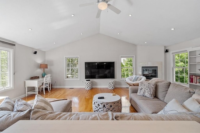 35 Beverly Hill Dr, Shrewsbury, MA 01545 - living room featuring plenty of natural light, wood finished floors, ceiling fan, lofted ceiling, and recessed lighting