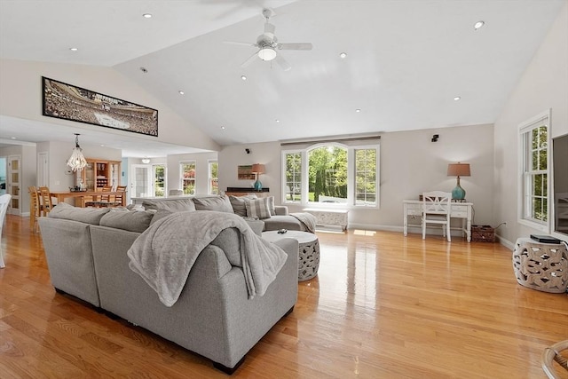 35 Beverly Hill Dr, Shrewsbury, MA 01545 - living room with high vaulted ceiling, light wood-type flooring, ceiling fan, baseboards, and recessed lighting